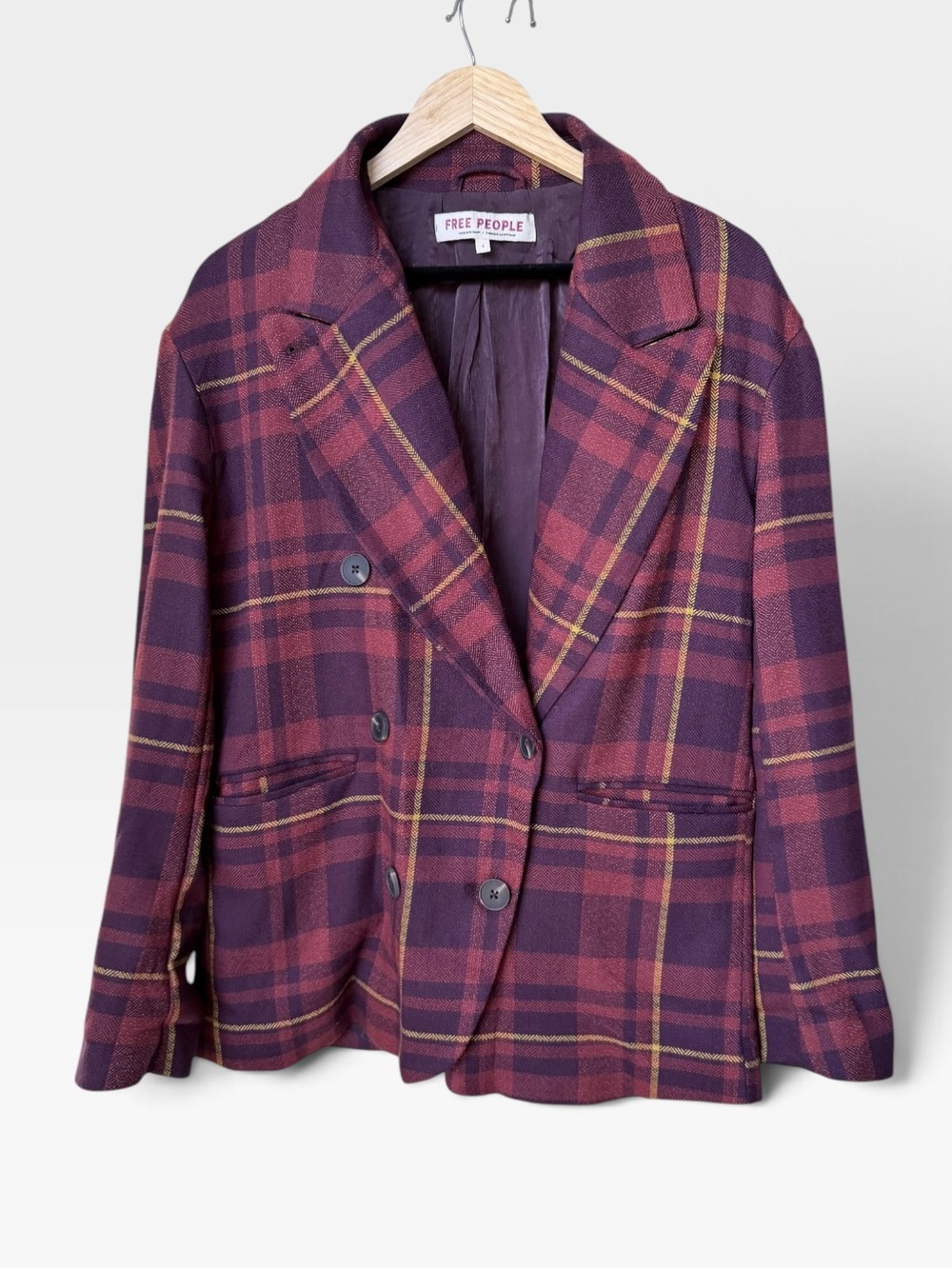 Free People Dean Double Breasted Plaid Blazer Jacket Plum Red size S